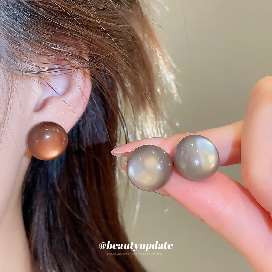 Retro Dome Shaped Cat Eye Effect Stud Earrings Pair Warm Mocha Silver Gray Tone Minimalist Smooth Geometric Ear Jewelry