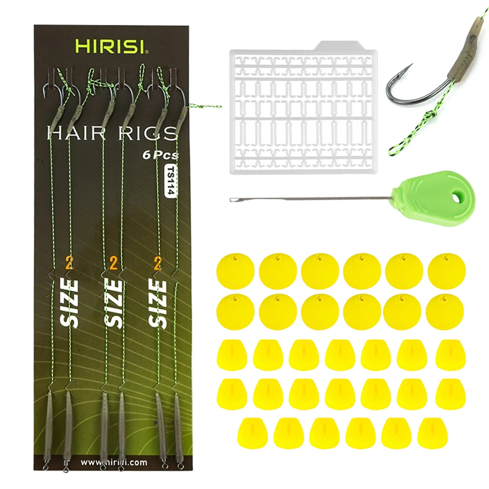 Hirisi 6-teiliges Haar-Rig-Set zum Karpfenangeln mit Widerhaken aus Kohlenstoffstahl und Rollenwirbeln, Boilie-Angelzubehör