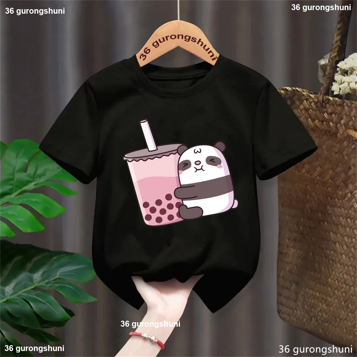 

Pandas Love Bubble Tea Cartoon Printed T Shirt Girls/Boys Funny Kawaii Kids Clothes Harajuku Shirt Summer Fashion Soild T-Shirt