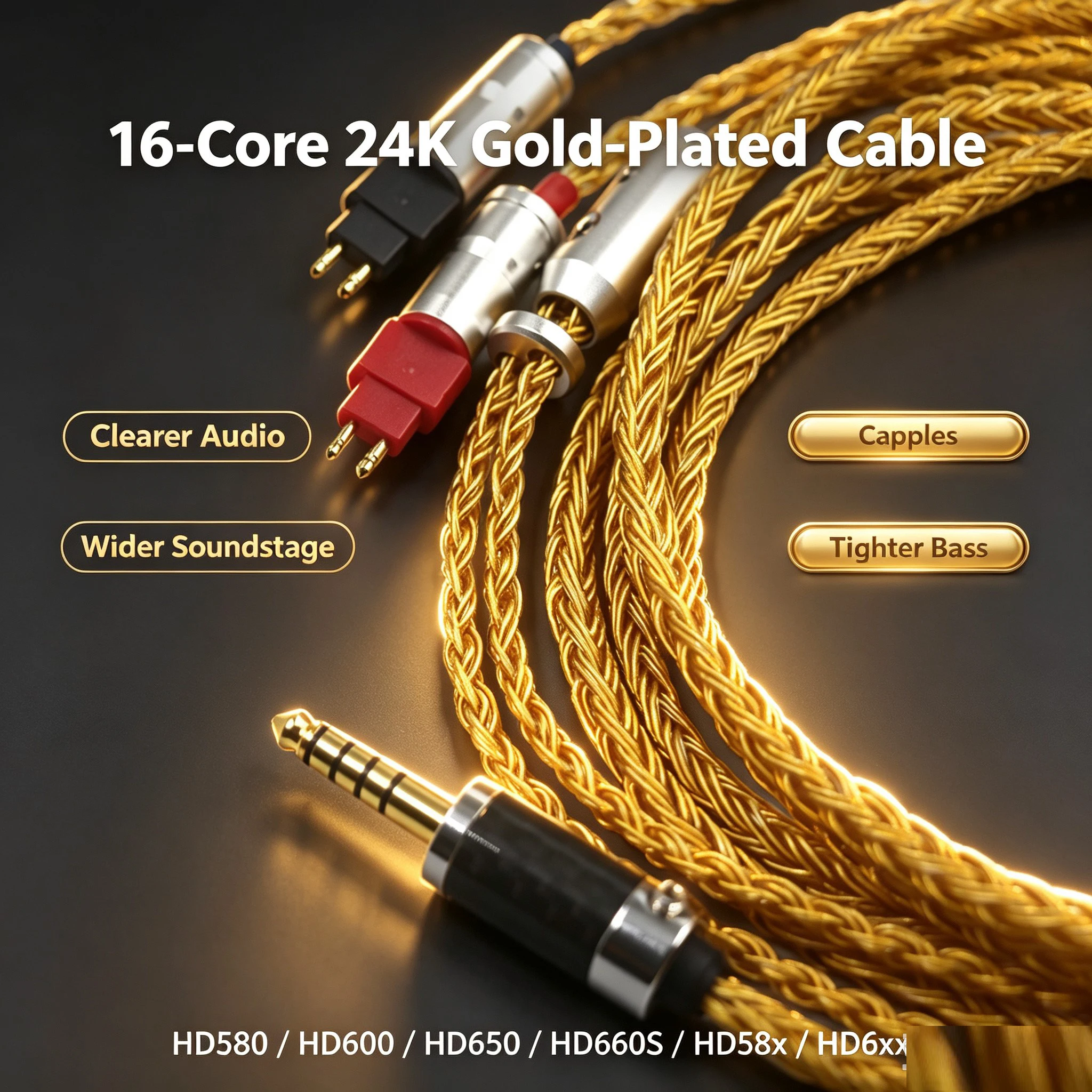 ゼンハイザー-hd580、hd600、hd650、hdxxx、hd660s、hd58x、hd6xxシリーズ対応、16芯の金メッキイヤホンケーブル
