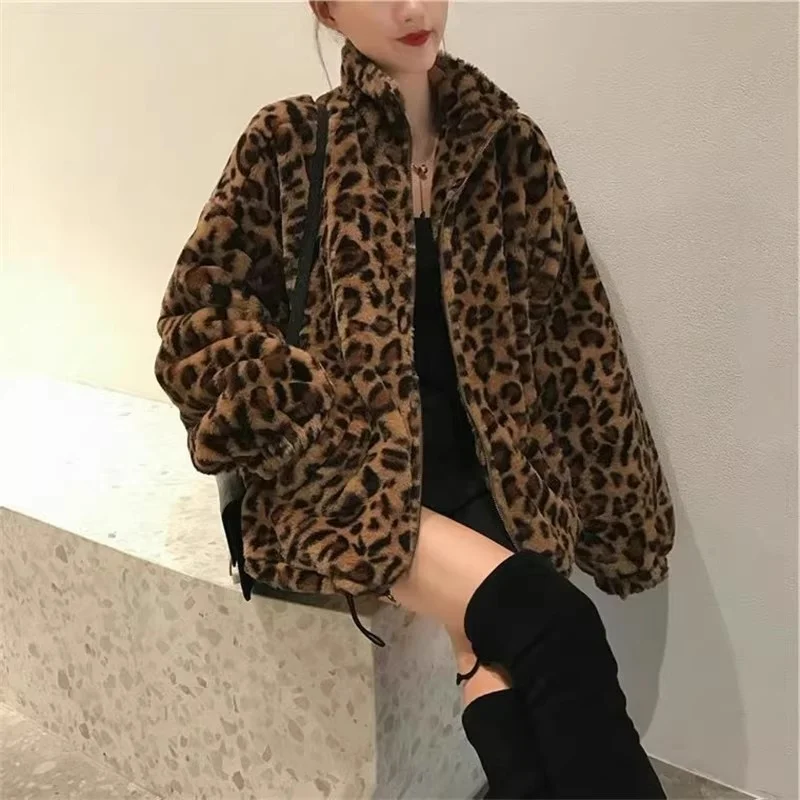 

Пальто с леопардовым принтом, зимняя теплая куртка из искусственного меха норки, утолщенная хлопковая свободная ретро-плюшевая верхняя одежда для осени и зимы, женская мода