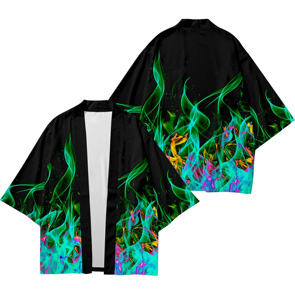 Serin Kimonos hırka japon moda Cosplay kostüm Haori 3D alev Kimono kadın erkek gömlek yaz plaj Yukata için Tops