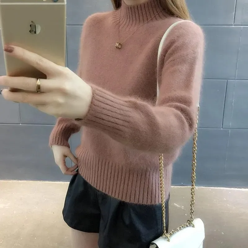 

Mink-Iike Sweater Loose Lazy Woman Autumn And Winter Half-High Collar Add Velvet Padded Loose Pullover Bottoming Sweater