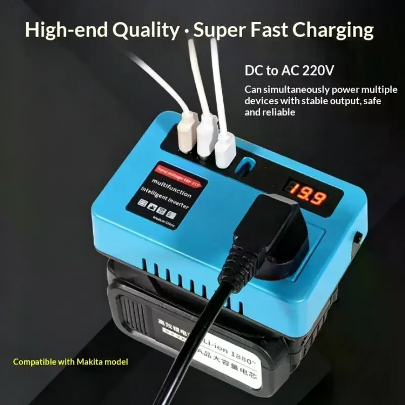 Battery Inverter 18v-21v To 220v With 4 USB LED Multifunctional Smart Transformer Dual Plug Household