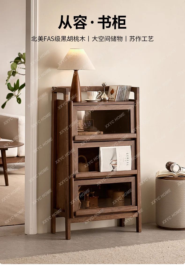 North American black walnut bookcase, simple solid wood home display case against the wall
