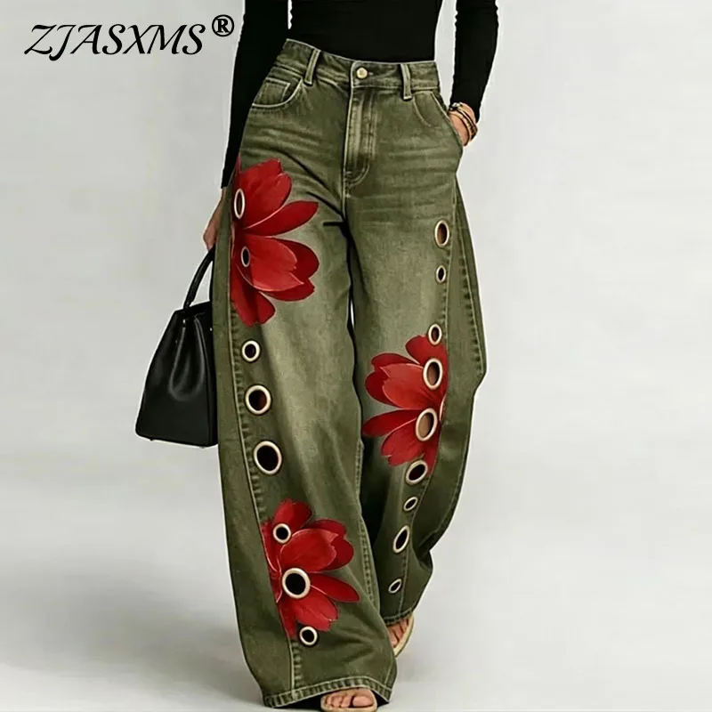Women Faux Denim Wide Leg Pants High Waist Floral Print Eyelet Hole Decor Loose Baggy Trousers Vintage Street Fashion Long Pants