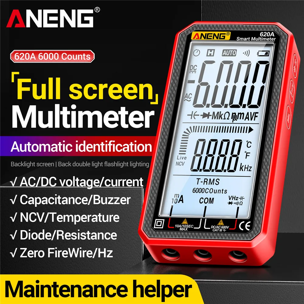 

Full Screen Multimeter Professional ANENG 620A AC/DC Voltage Current Meter Diode True RMS Capacitor Temp Resistance Hz Tester