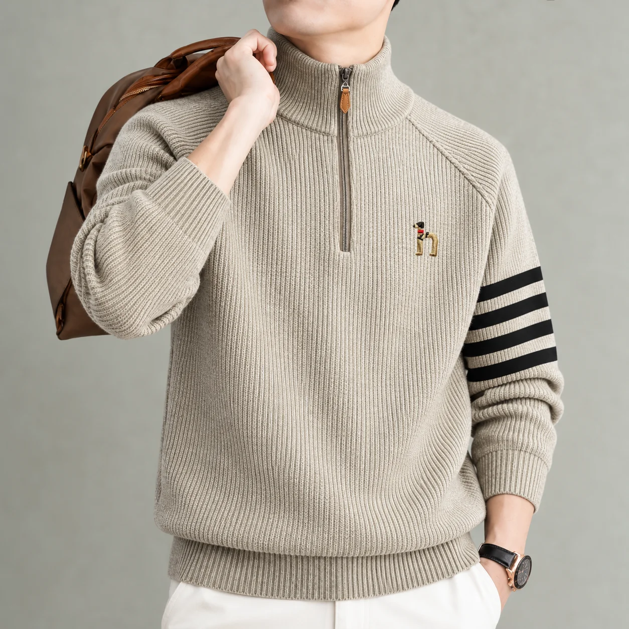 High Quality Velvet Sweater Trendy Brand Cartoon Dog Embroidery Men's Mock Neck Winter New Thicken Warm Striped Knitted Pullover