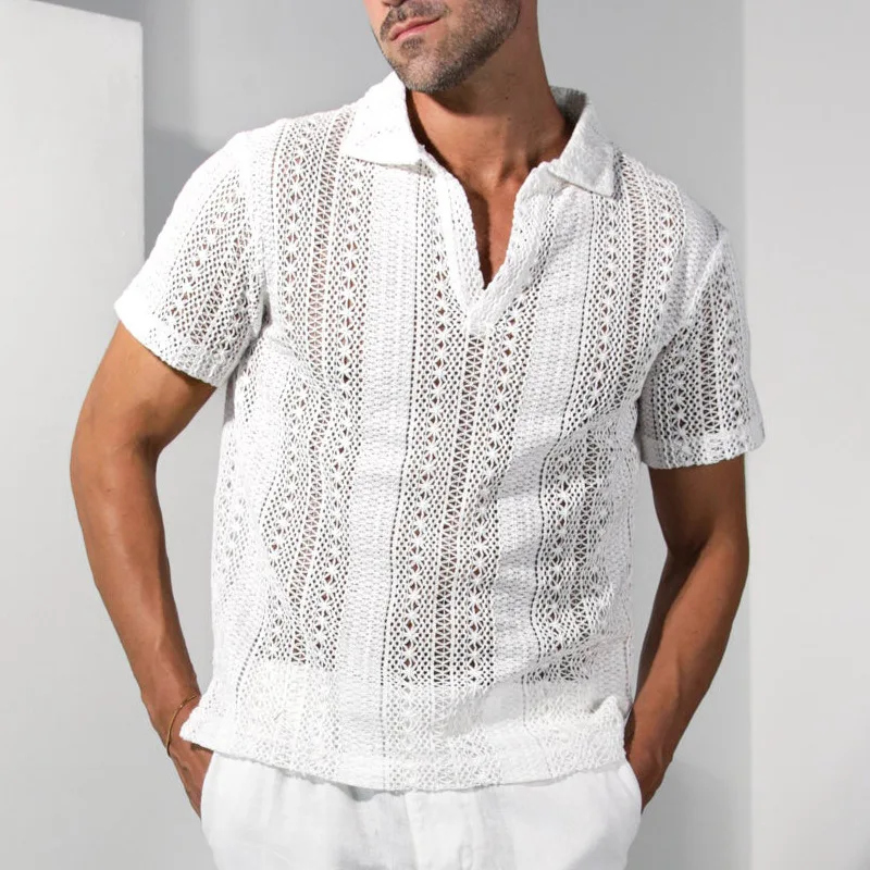 

Perspective White Shirt Casual Slim Fit Fashion Short Sleeve Sexy Shirt Men's Lace Shirt