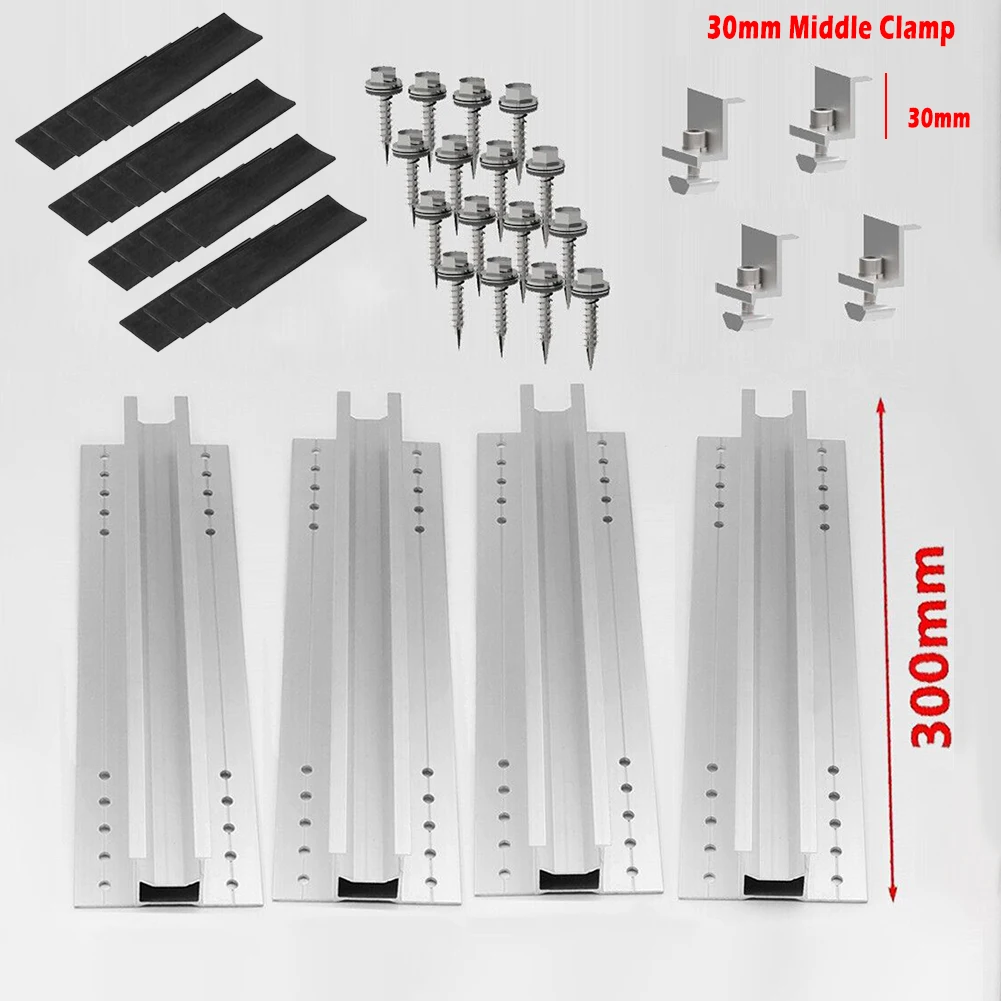 

Solar Panel Module Aluminum Bracket Rail Trapezoidal Sheet 30cm Mounting Rail Aluminum Solar Panel Middle Clamp End Clamp