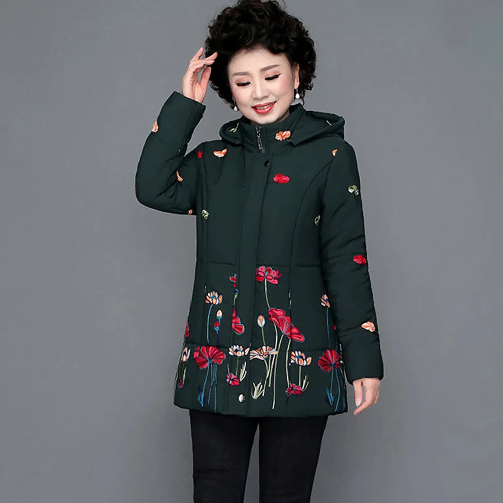 Mother Winter Hooded Printed Cotton-padded Jacket 2024 New Fashion Fleece Middle-aged And Elderly Warm Grab Cotton-Padded Jacket
