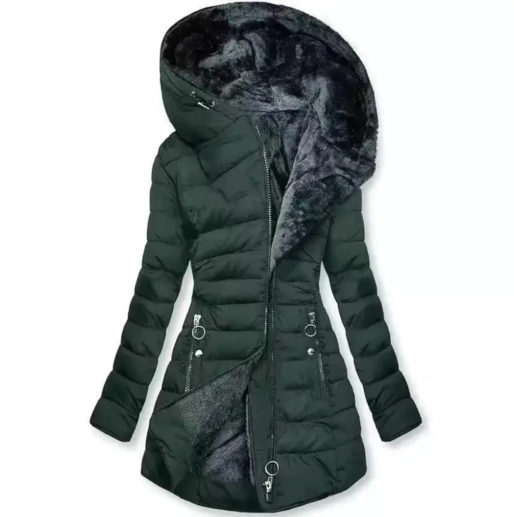 

Women's Fleece Lined Cotton Jacket, Hooded Long Thickened Winter Coat, Warm Casual Outerwear in Polyester Fabric