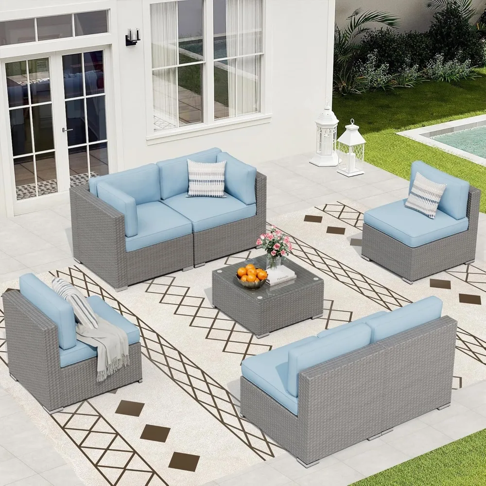 

7 Piece Outdoor Sectional Sofa Patio Furniture Set, All-Weather PE Grey Wicker Patio Conversation Set with Washable Cushion