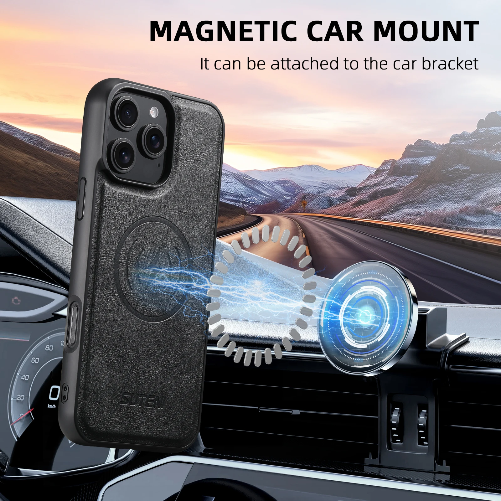 SUTENI Mattierte Kunstleder-Handyhülle mit Magnet und kabelloser Ladefunktion für iPhone 18 Pro Max 17 Air 16 Plus 15 14 Pro 13 12 – Detail 1