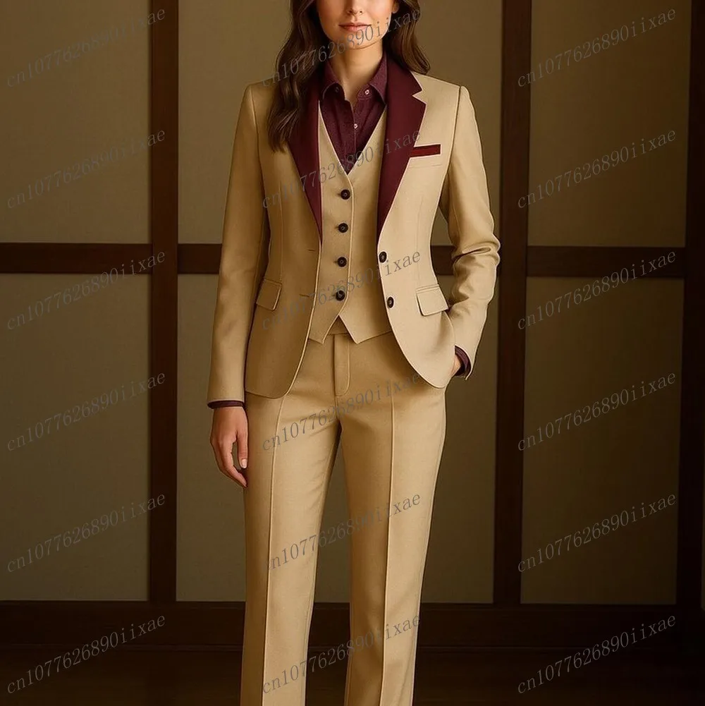 Burgundy Collar Champagne Women Suits Lady Business Tuxedos Mother Wedding Party Formal Ladies 3 Piece Set Jacket Vest Pants