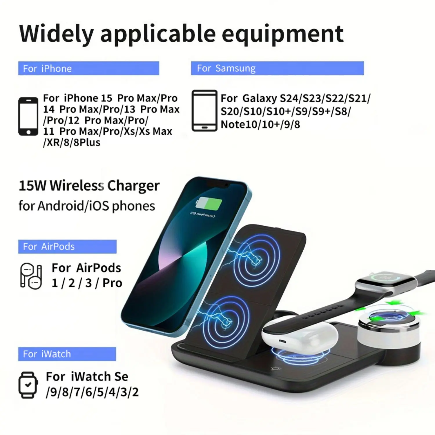 Foldable 3-in-1 Wireless Charging Station, 15W Fast Wireless Charger Stand, Night Light Wireless Charging for iPhone 15, 14, 13,