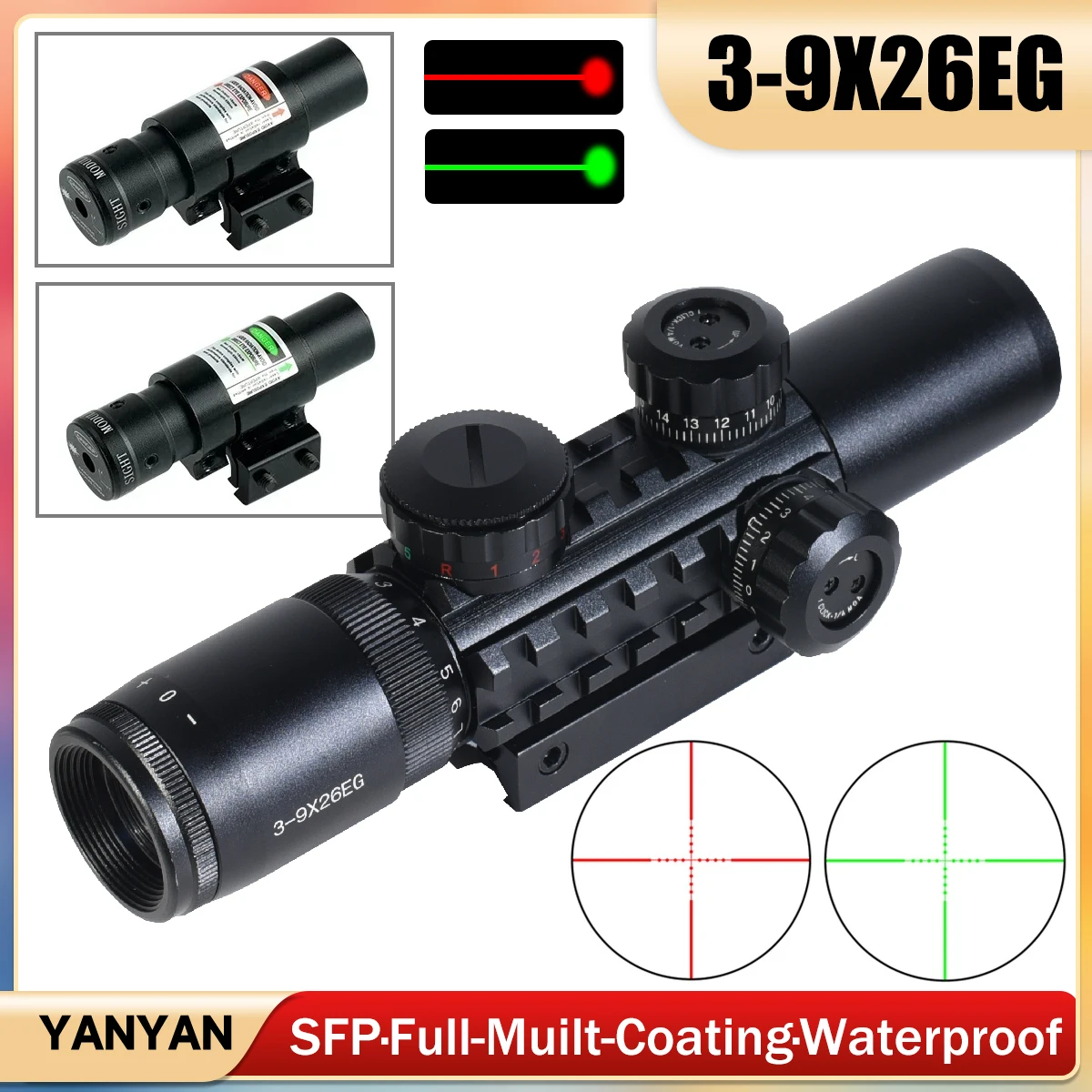 Tactical 3-9x26EG Combo Red Green Cross Optical Sight and Laser Reflex Scope for Long Range Hunting Shooting 11/20mm Rail Mount