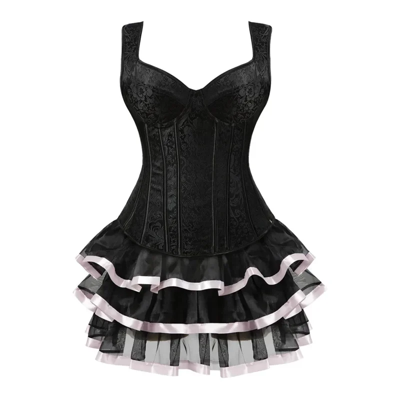 Mulheres sexy jacquard steampunk espartilhos vestido retro colete zíper lateral gótico overbust espartilho com mini saia tutu