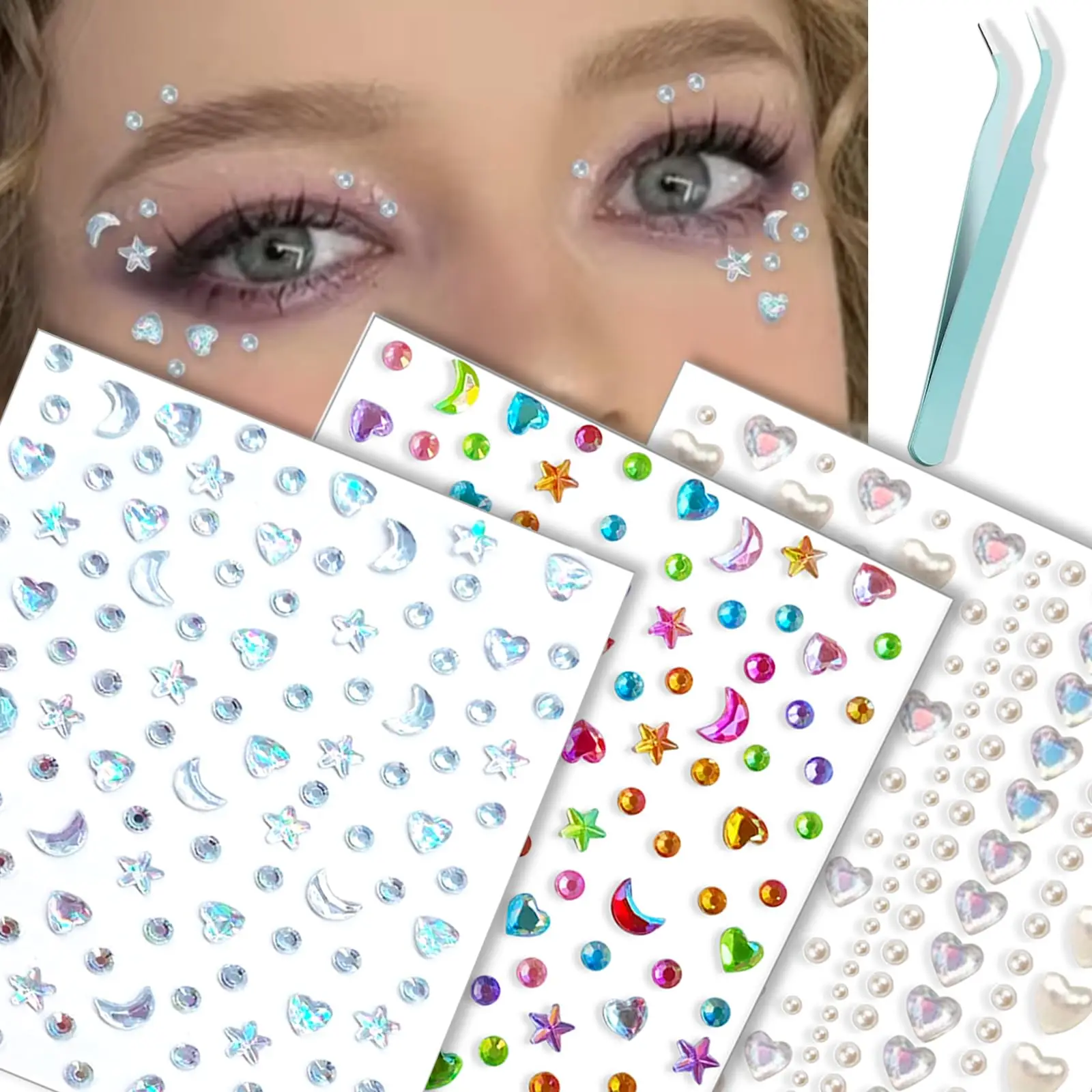Self‑Adhesive Face Gems Stickers Bow Heart Rhinestone Face Stickers with Tweezers for Halloween Christmas Party Festival Makeup