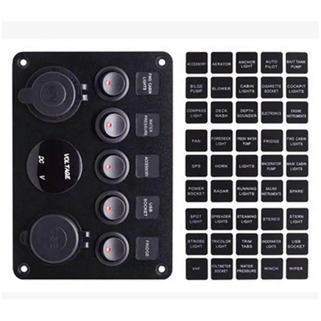 LED Display 5 Gang Rocker Switch Panel ABS USB Charger Circuit Breaker for Marine Yacht Truck