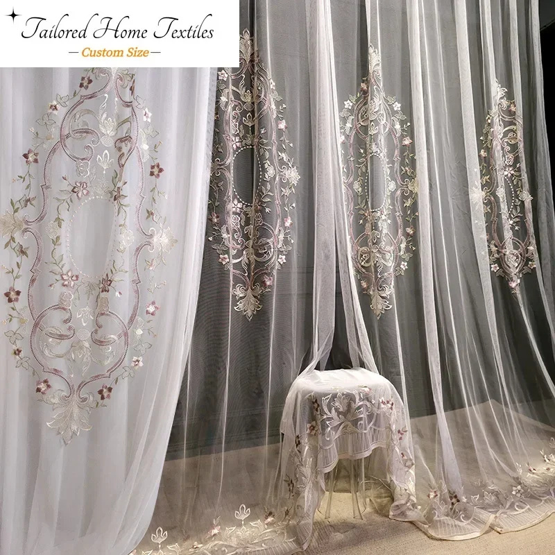 

Embroidered Tulle Curtains French Light Luxury Modern Bedroom New High-end American Style European Curtain Veil Custom Size