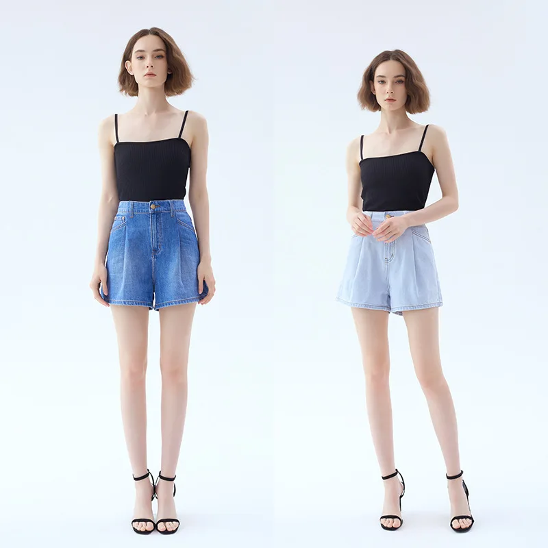 

Denim Shorts For Women 2024 Spring/Summer Blue And Light Blue High-Waisted Casual Style With Pockets And Button Fly Trendy