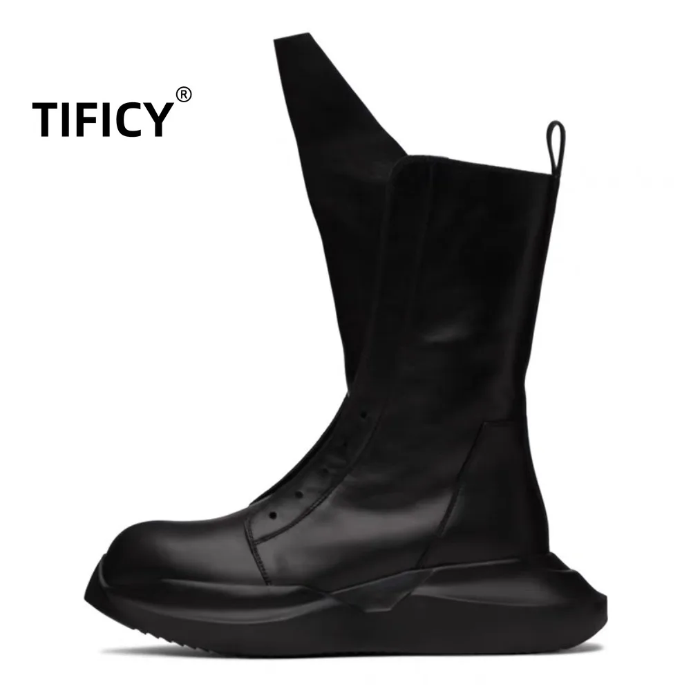 High Street New Ro Style Mid Top Boots Leather Thick Soled Men's Shoes Runway Zipper Leather Casual Boots