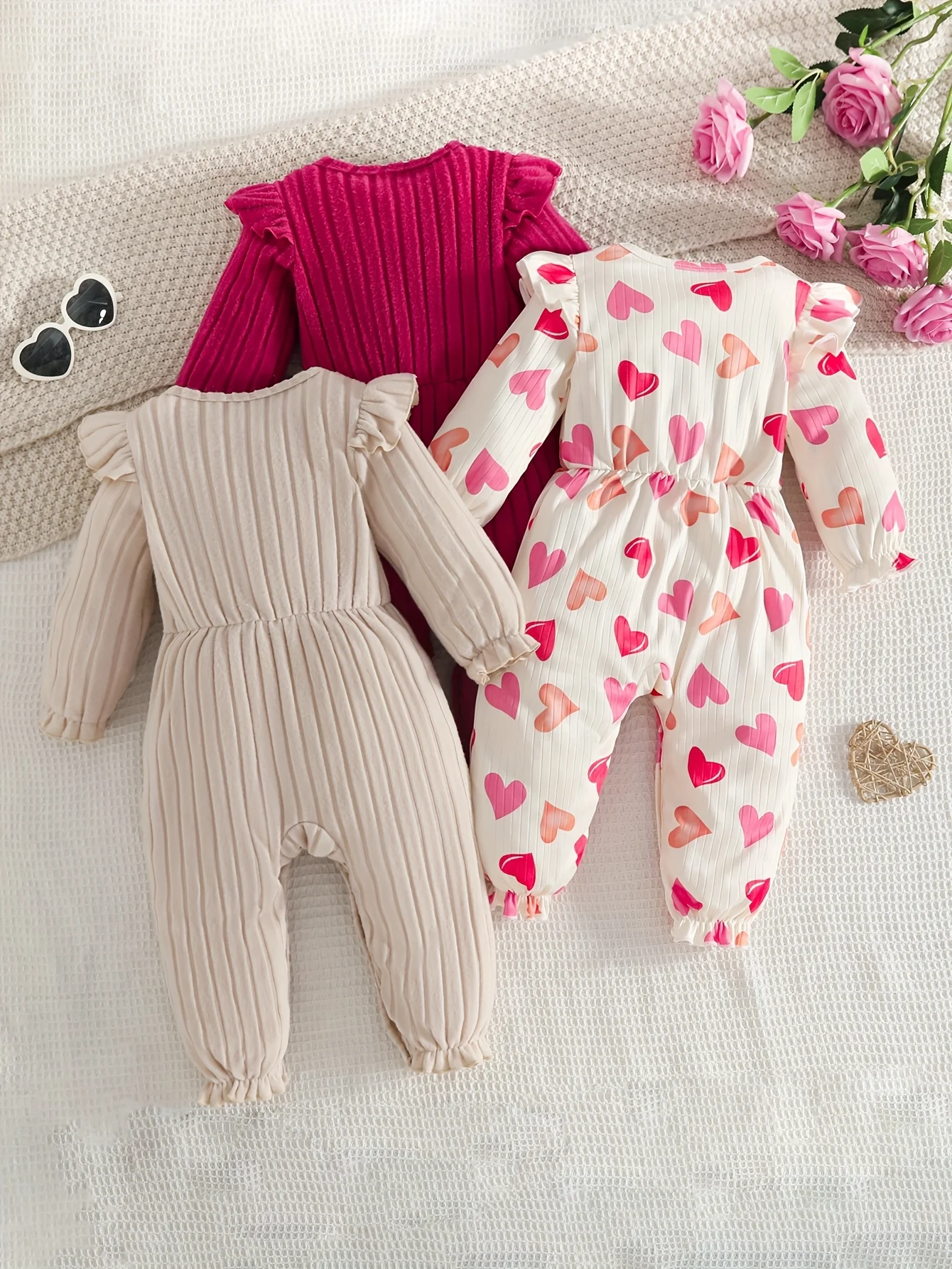 Baby Girl Ruffled Long Sleeve Ribbed Romper Heart Print Infant Jumpsuit Soft Comfortable Newborn Clothes
