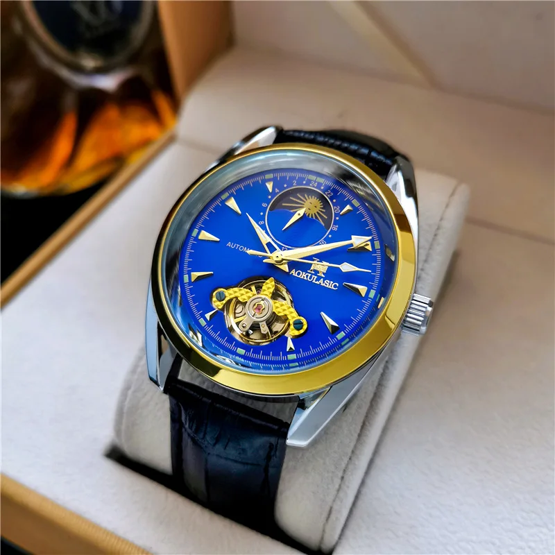 Stainless Steel Sun-Moon-Star Tourbillon Luminous Waterproof Genuine Leather Strap Self-Wind Automatic Watch for Men
