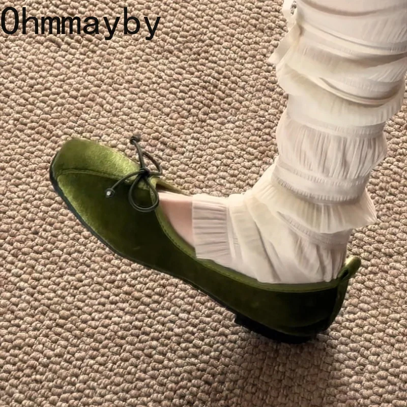 Spring Autumn Women Velvet Bow Ballet Flats Shallow Square Toe Slip On Shoes Casual Daily Walking Ladies Soft Sole Dress Loafers