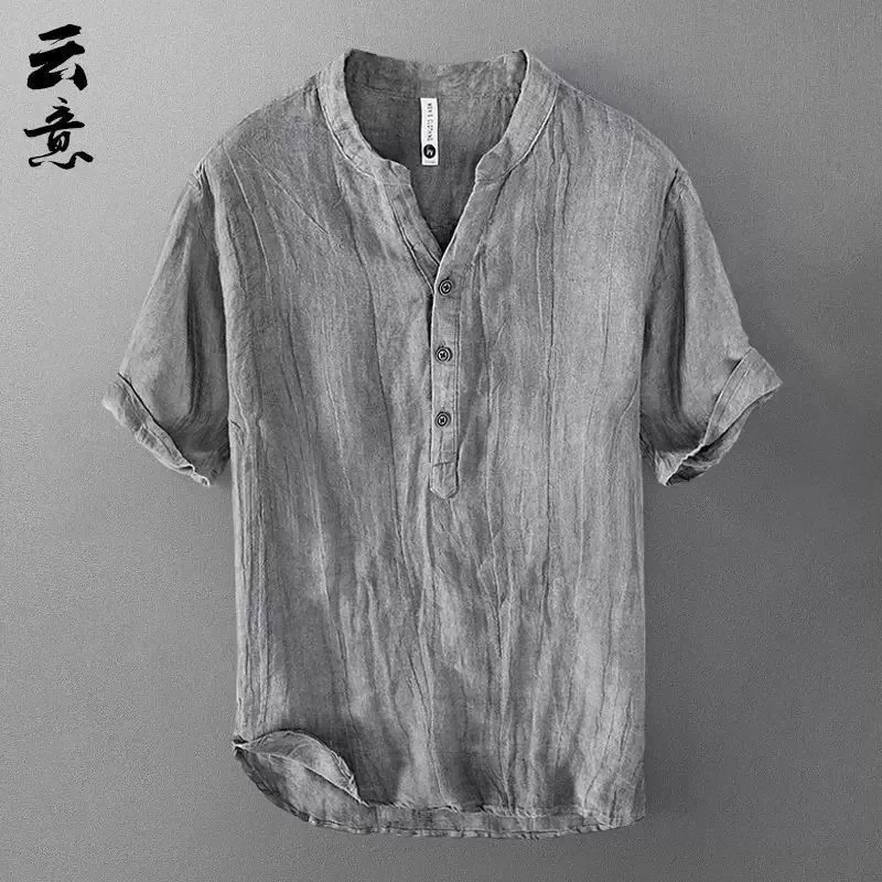Retro Linen Short Sleeve T-Shirt Men's Thin Loose Summer New Cotton Linen Stand Collar Half Sleeve Casual Trendy Top view 3