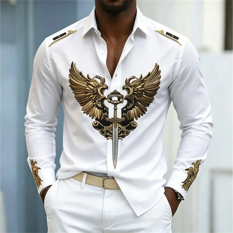 Men's Shirt Long Sleeve Spring Autumn Golden Double Eagle Sword Emblem Print Lapel Button‑Up Street Business Top Mens Clothing