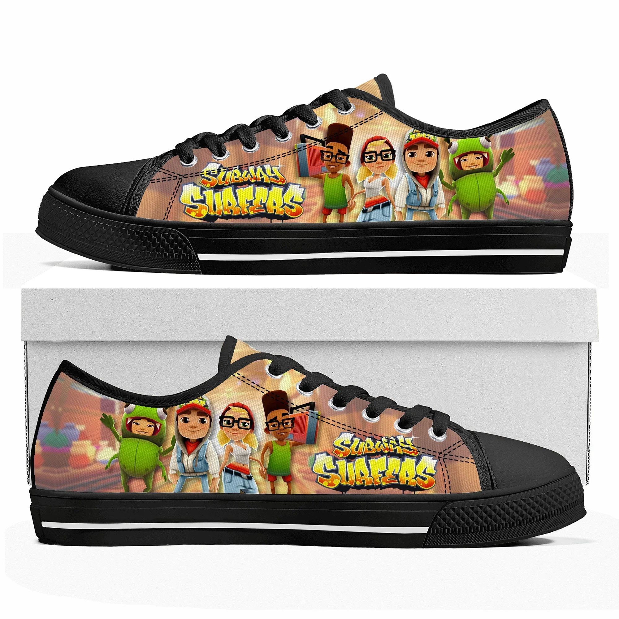 

Кроссовки с низким верхом в стиле аниме и игр Subway Surfers для женщин, мужчин и подростков, повседневные, изготовленные на заказ, из холщовой ткани
