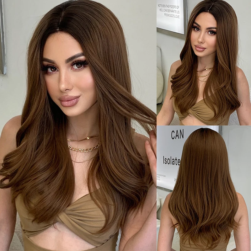 Brown women middle-parted large wavy long curly hair machine-made synthetic fiber full head wig