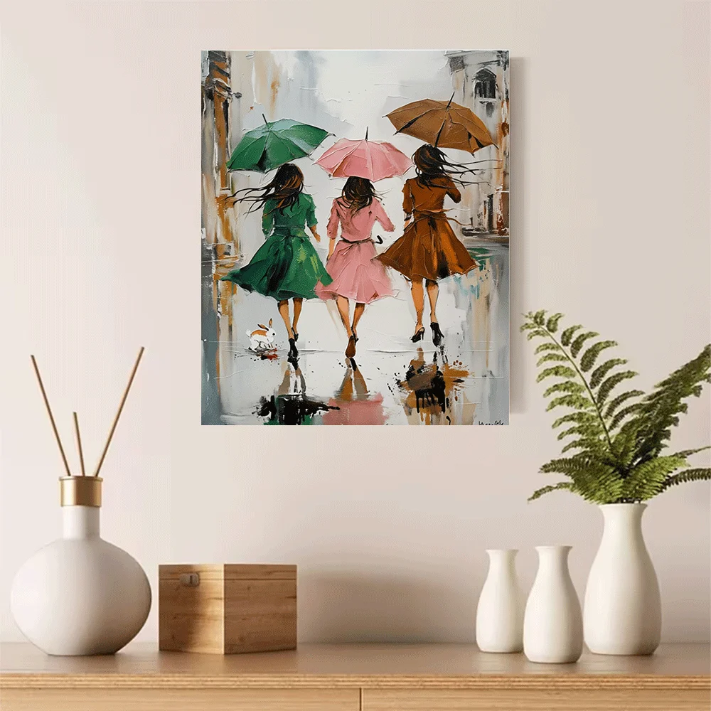 1PC-Unframed Canvas poster wall decoration  Three Women Walking in Rain with Umbrellas Art Print