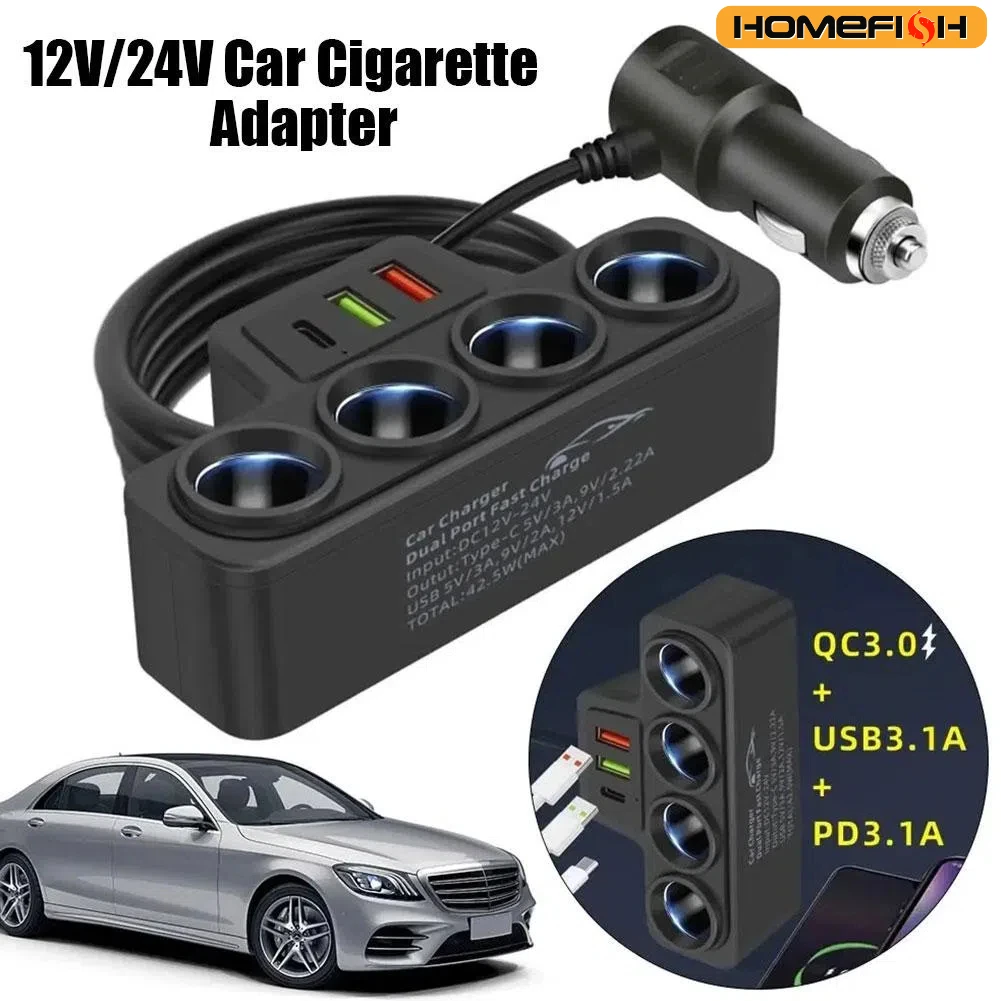 12V/24V Car Cigarette Lighter Adapter New 4-Socket 3.1A Charger Charger USB Car USB+QC3.0+PD3.1A Accessories Port USB 120W