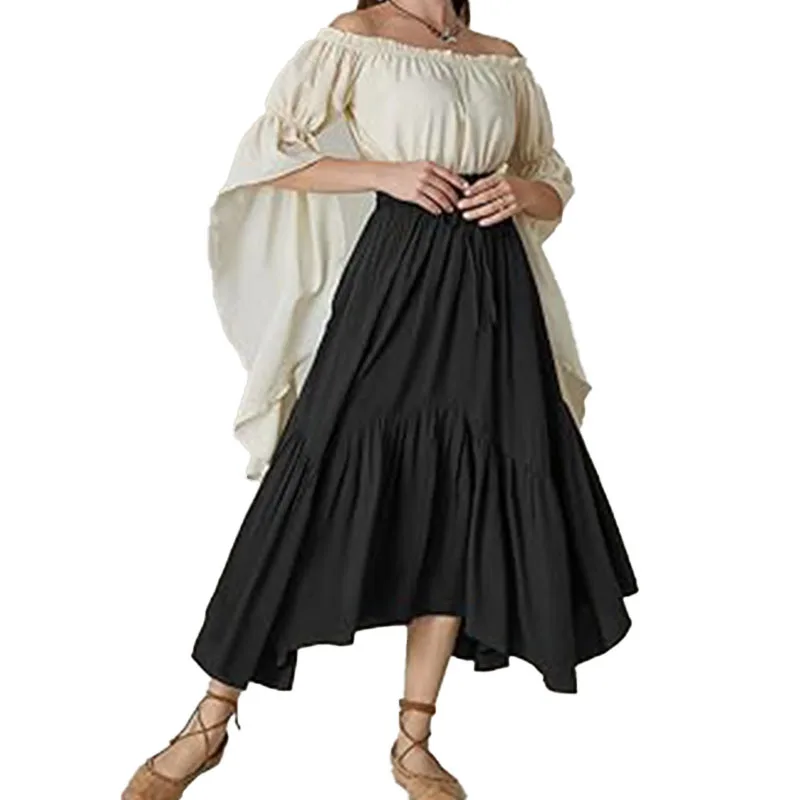 

Women Skirt Solid A Line High Waist Drawstring Skirts Casual Pleated Ankle Length Elegant Ladies Spliced Vintage Autumn