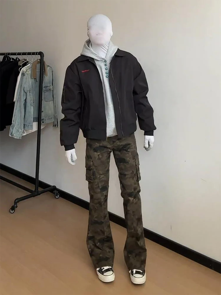 American Retro Camouflage Jeans Men's Trendy Extended Tall Workwear Pants Knife  Straight Leg Flared Legs Youth Casual