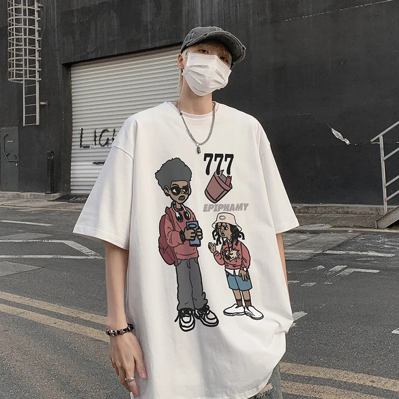 

American Cartoon Print Heavyweight Cotton T-irt Men's Retro Oversize ort Sve Summer Loose Body irt Casual Sle