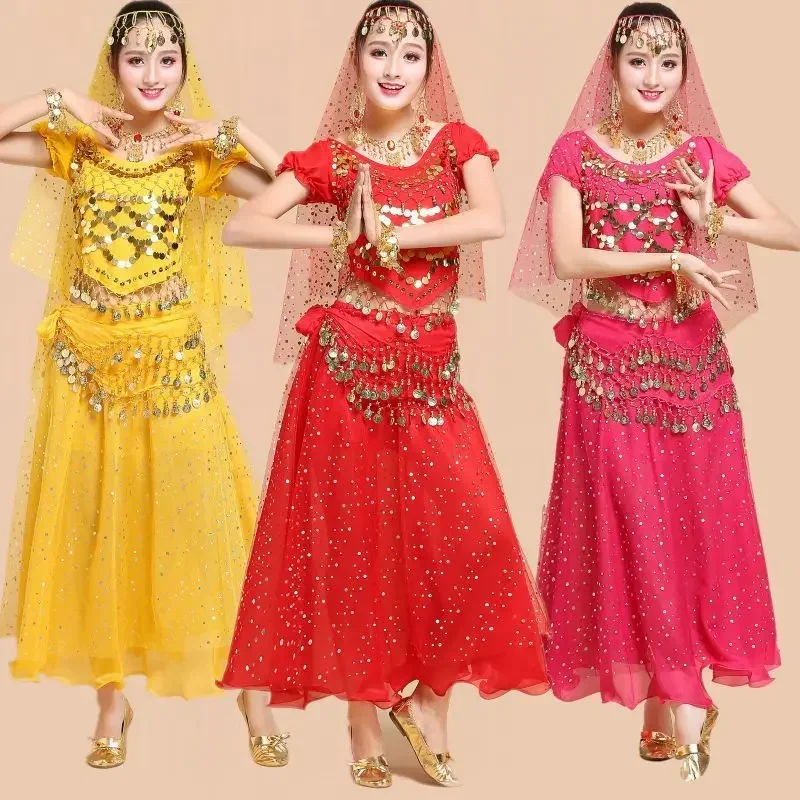 New India Belly Dance Costumes Set Adult Women Chiffon Sequin Top Skirt Suit Stage Performance Practice Wear Short Sleeve
