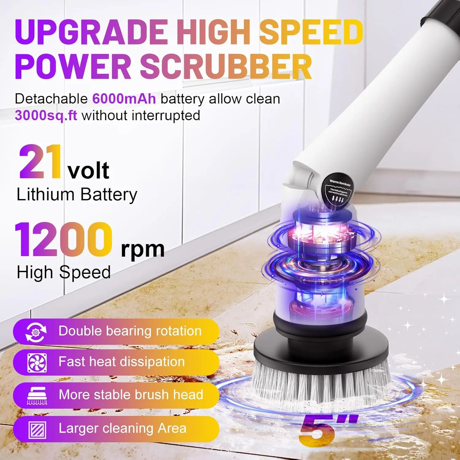 Electric Spin Scrubber 5inch Large Brush, Zordin Best Power Shower Scrubber for Cleaning, 1200RPM Cordless Cleaning Brush for Ba