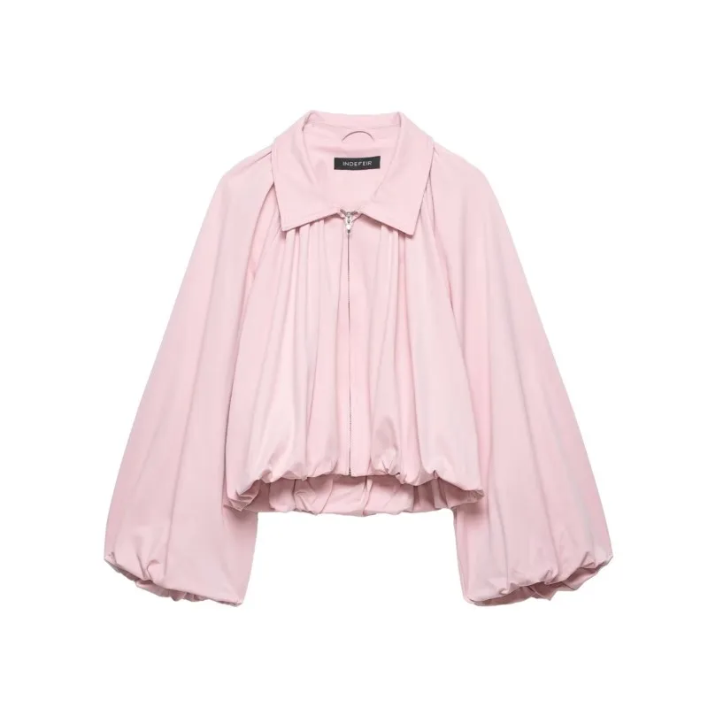 

Women's Puff Sleeve Jacket Spring Lapel Collar Zipper Casual Fashion Coat Vintage Female Streetwear Loose Short Jackets