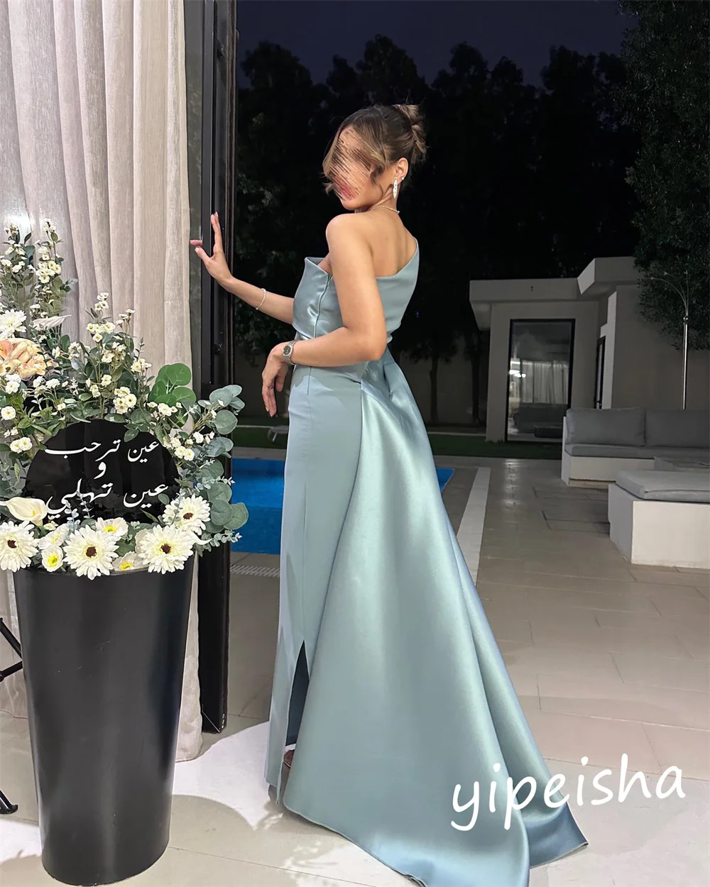 Um ombro draped cetim vestido de baile, Prom Dress, Arábia Saudita, Natal A-Line, ocasião personalizada, vestidos longos