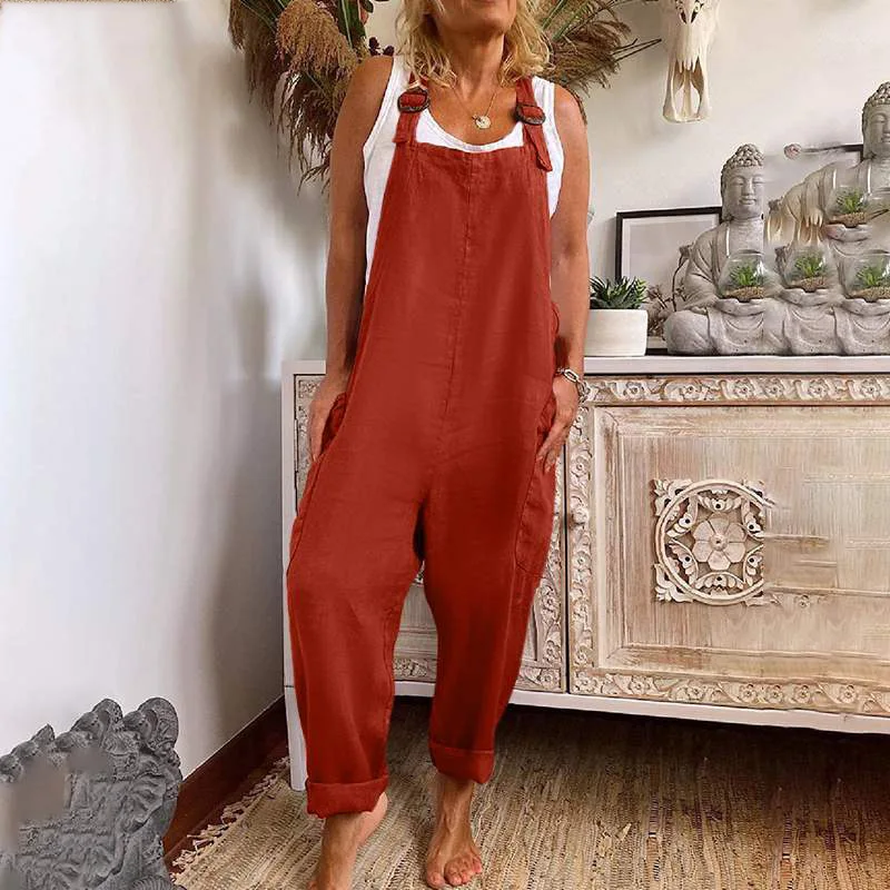 2023 Summer Jumpsuit Women Loose Casual Sleeveless Bib Overalls Rompers Long Jumpsuits Solid Color Playsuits Комбинезон Женский