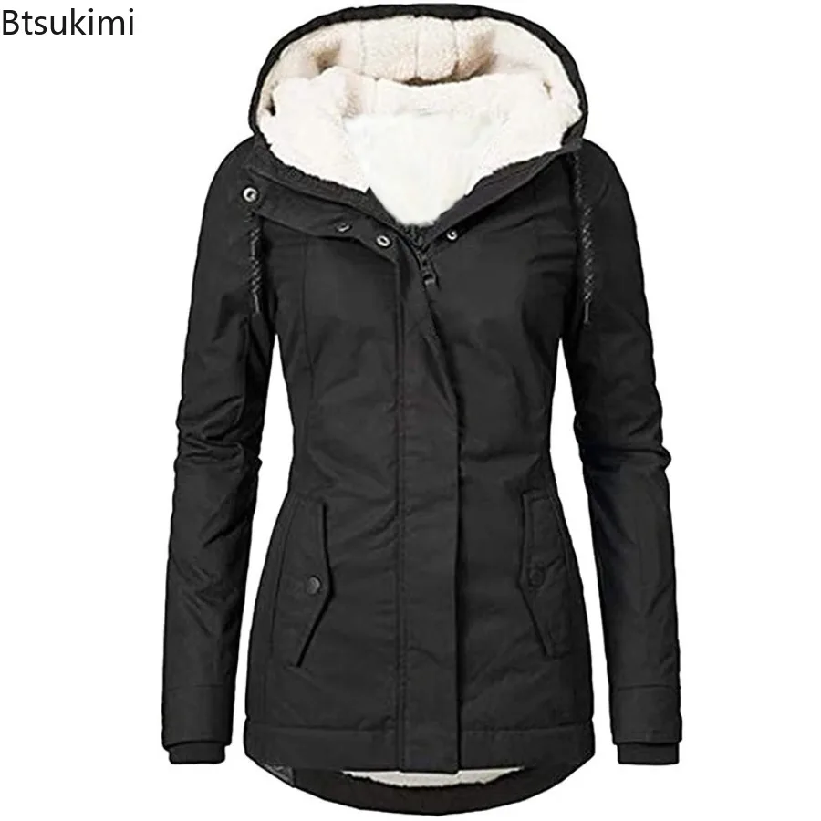 2025 New Winter Women Warm Parkas Hooded Thick Plush Coats Female Mid-Long Cotton Jacket Warm Solid Coat Lamb Wool Thick Jacket