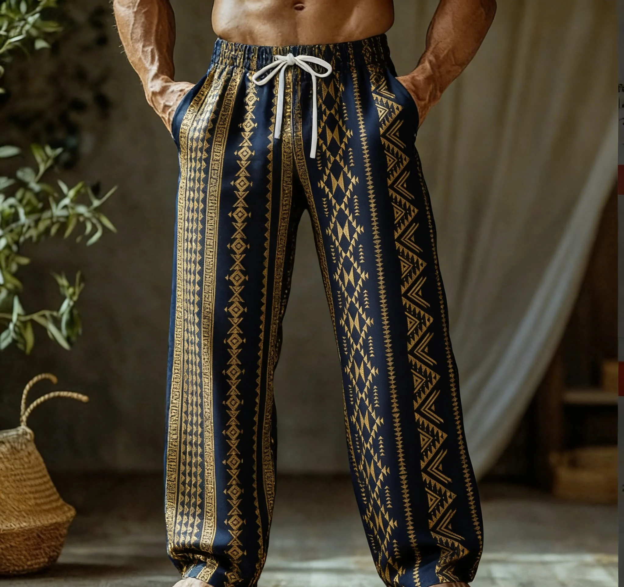 Men's Summer Thin Quick-Dry Hawaiian Beach Pants, Geometric/Tribal Pattern Ethnic Style Wide-Leg Pants