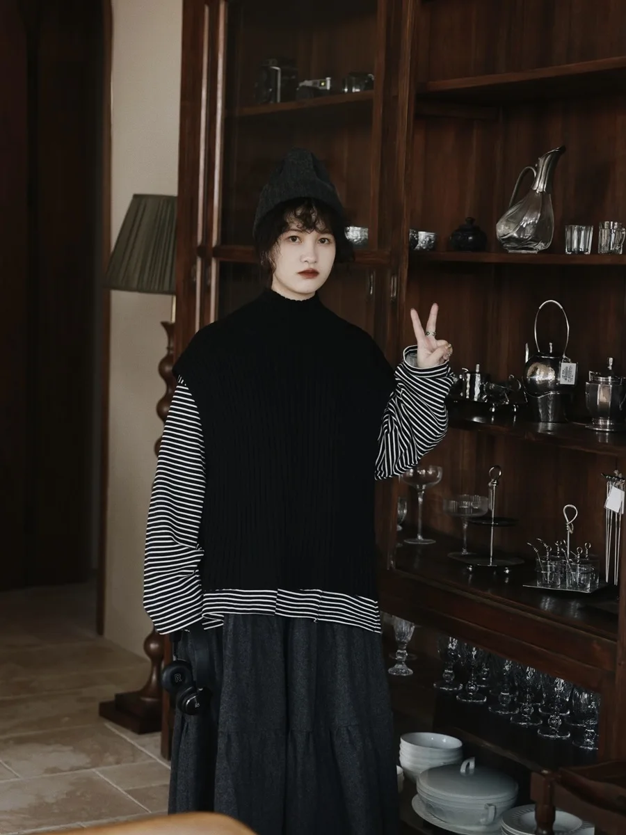 

Japanese Sle Knitted Sweater Vest Women's High Collar Autumn Winter Faion Retro Student Clothing Long Sve Regular Length
