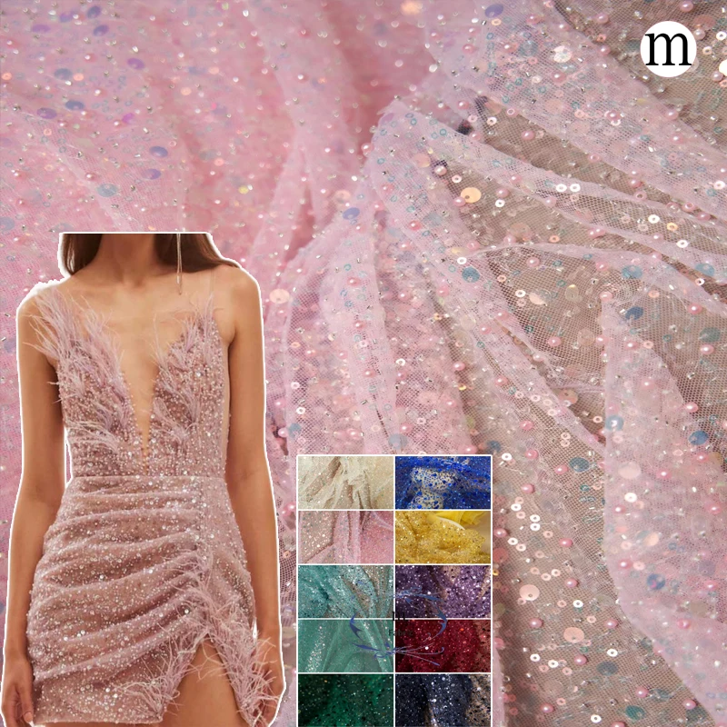 

Розовая ткань с кристаллами, бисером, тяжелыми пайетками и вышивкой жемчугом для свадебных платьев, вечерних нарядов и кутюрной свадебной одежды | Роскошь