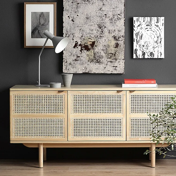 

Solid wood sideboard wabi home living room small apartment rattan storage cabinet display cabinet