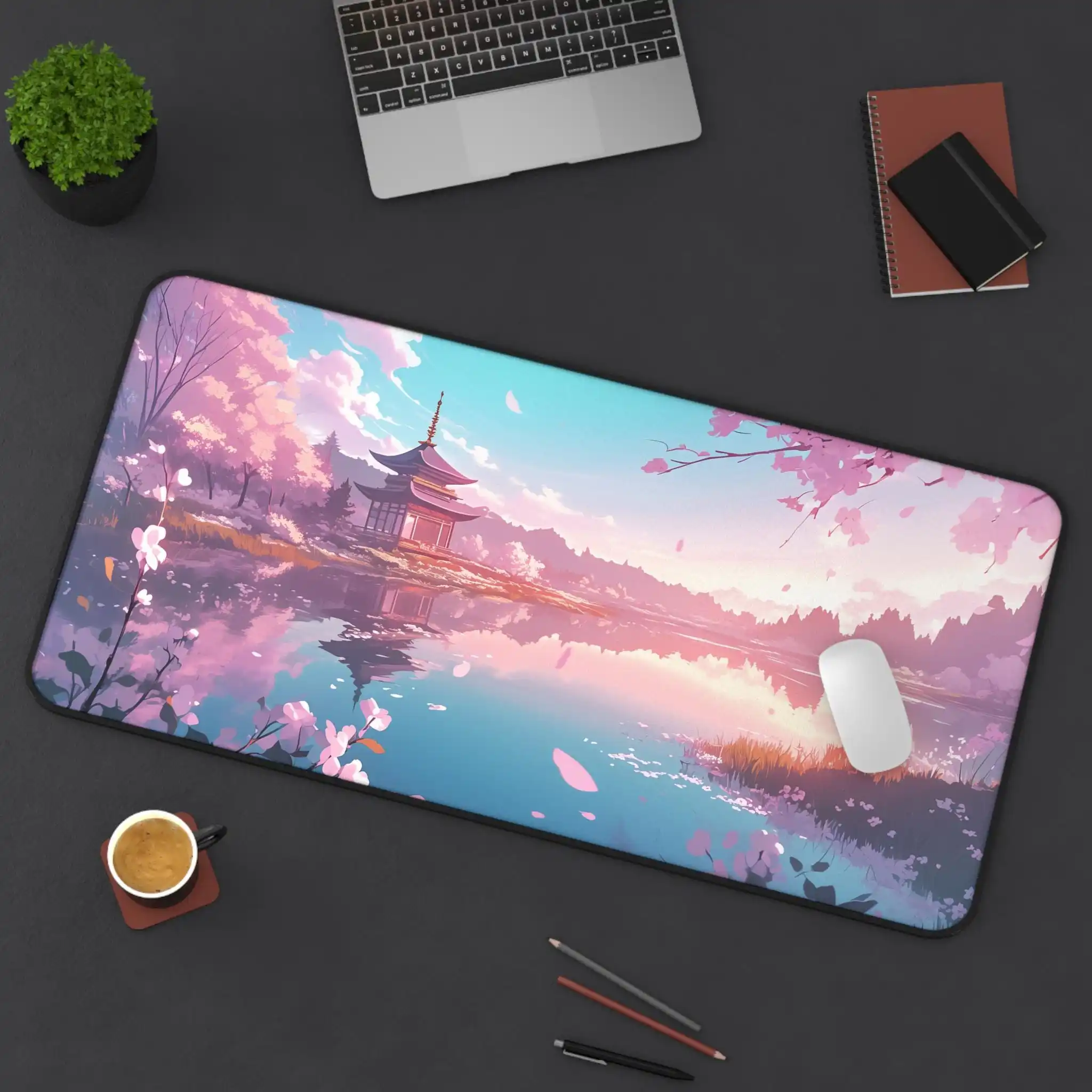 Japanese Pagoda Desk Cherry Blossom Lake Gaming Mouse Pad Large Anime Landscape Notepad Sakura XL The Perfect Gift for Gamers